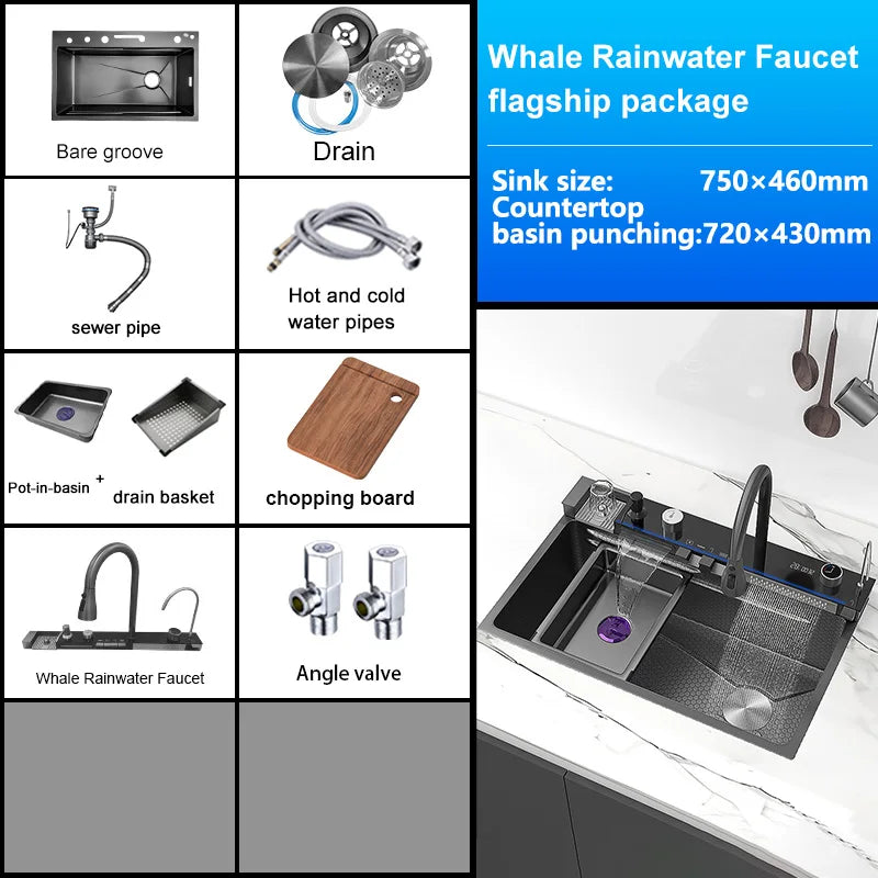 Fregadero de Cocina en Cascada de Acero Inoxidable con Porta Cuchillos y Grifo con Pantalla Digital