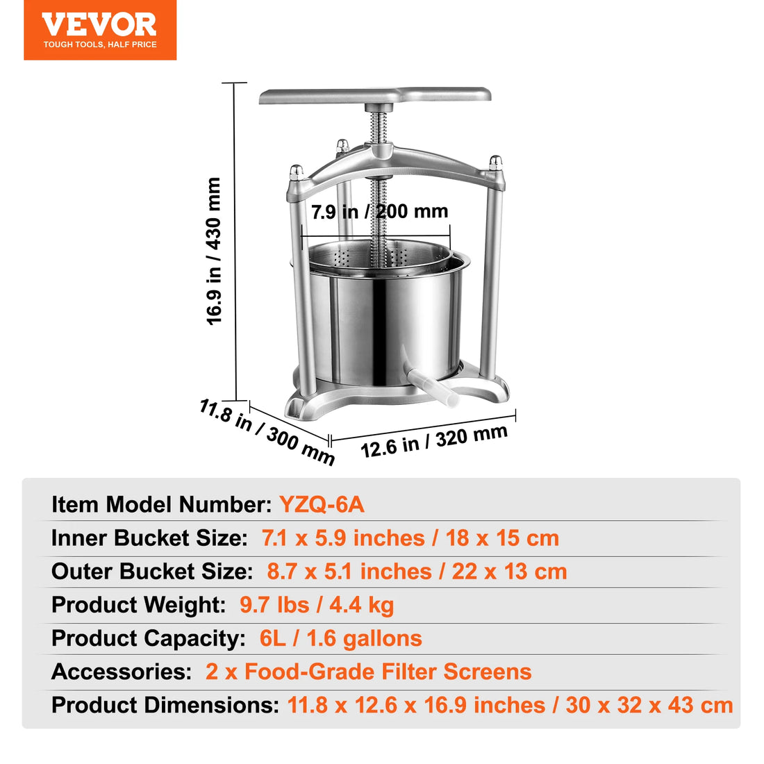 Prensa Manual para Frutas y Vino VEVOR 1.6 Gal/6L - Fabricante de Jugo de Frutas y Vino, Máquina para Hacer Jugo de Vegetales para Cocina en Casa