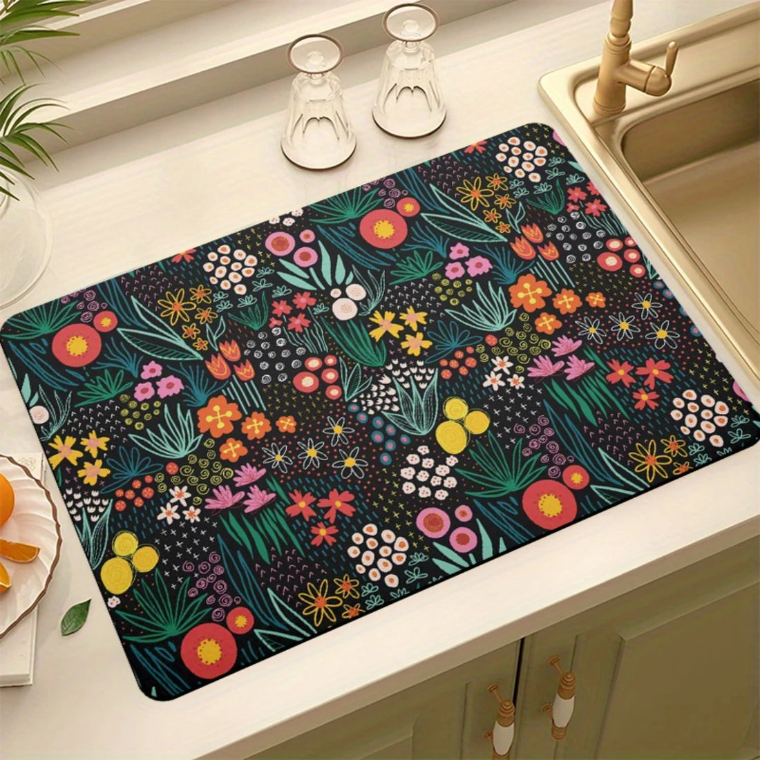 Alfombrilla Absorbente Multiuso con Diseño Floral para Cocina y Baño