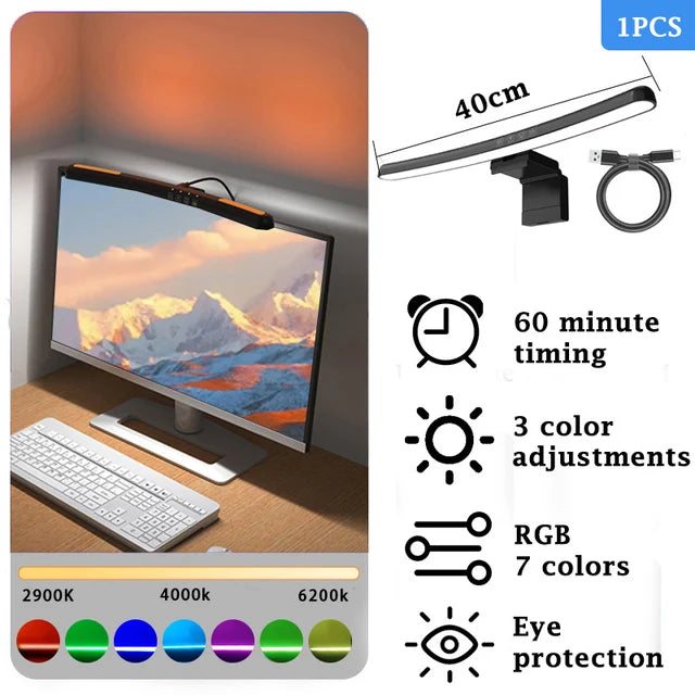 Lámpara de Mesa Regulable LED para Computadora, Luz Colgante USB con Retroiluminación RGB, Ideal para Oficina, Lectura y Ambiente de Juegos