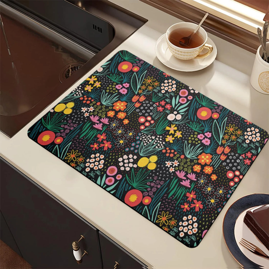 Alfombrilla Absorbente Multiuso con Diseño Floral para Cocina y Baño