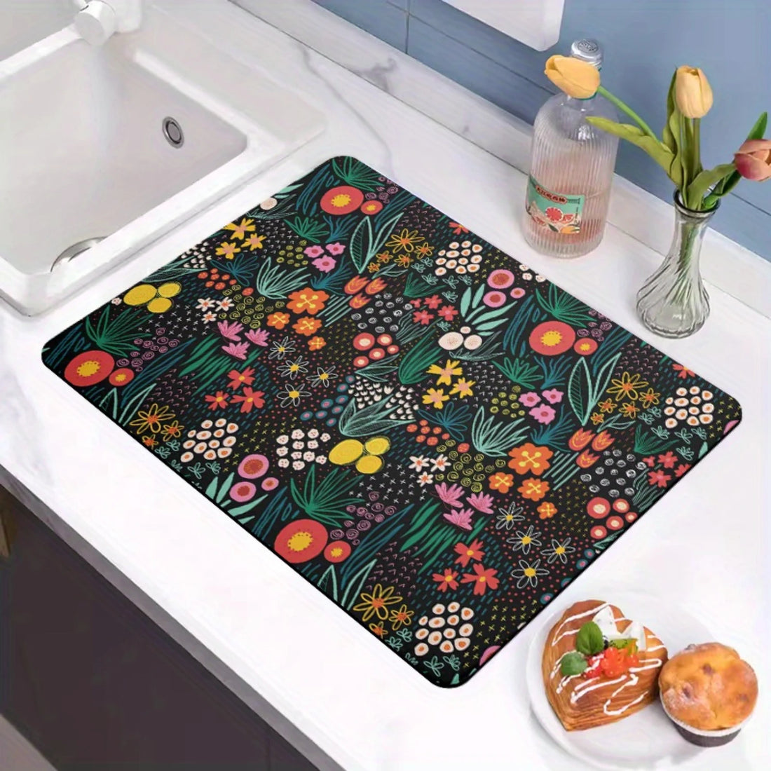 Alfombrilla Absorbente Multiuso con Diseño Floral para Cocina y Baño