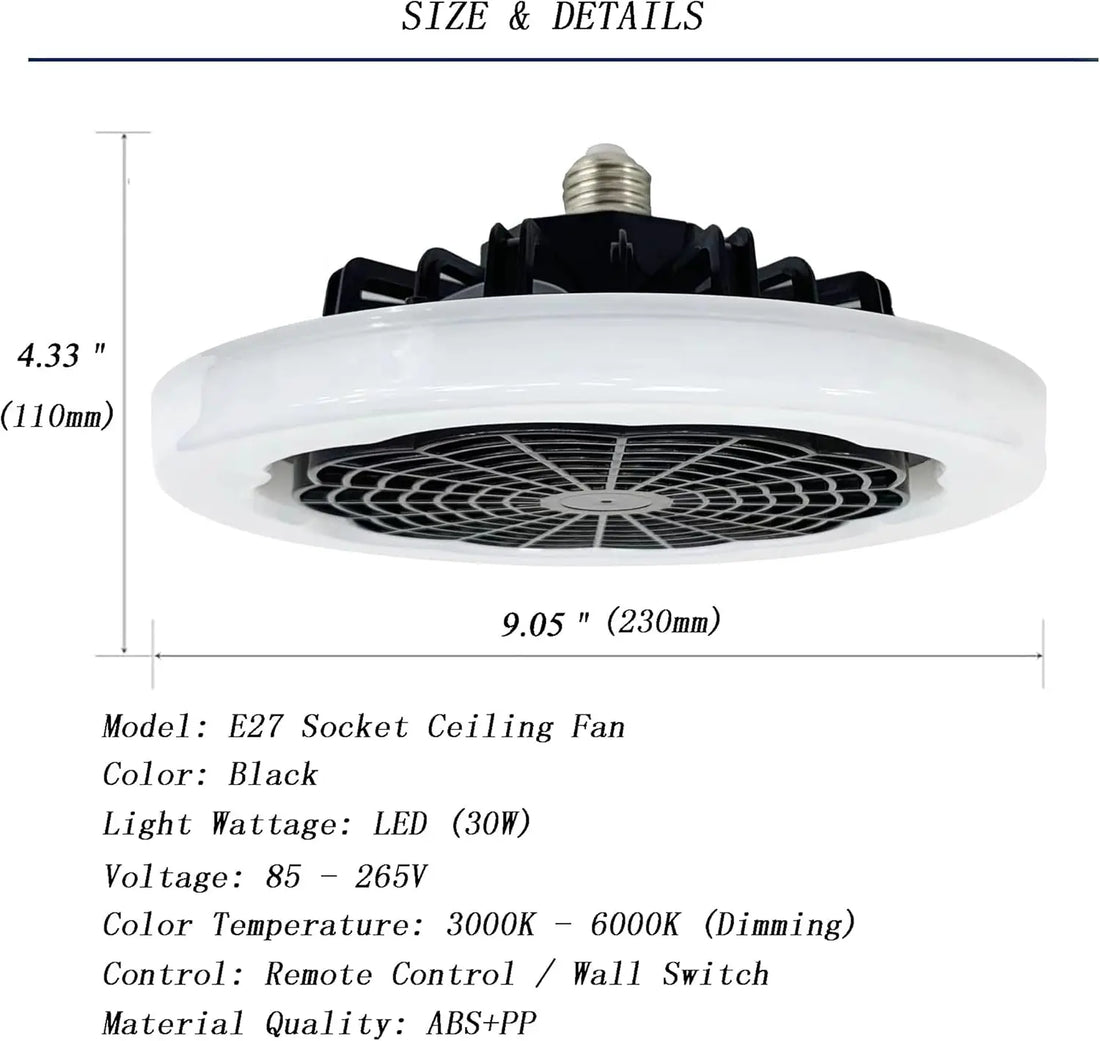 Ventilador de Techo con Casquillo Puvaue: Luz LED y Control Remoto