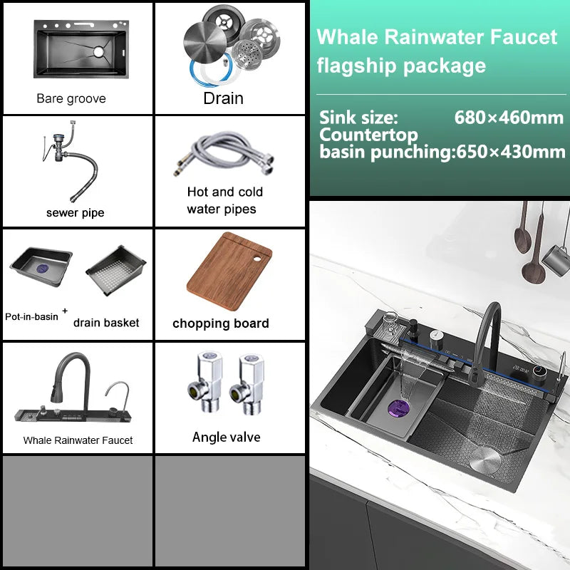 Fregadero de Cocina en Cascada de Acero Inoxidable con Porta Cuchillos y Grifo con Pantalla Digital