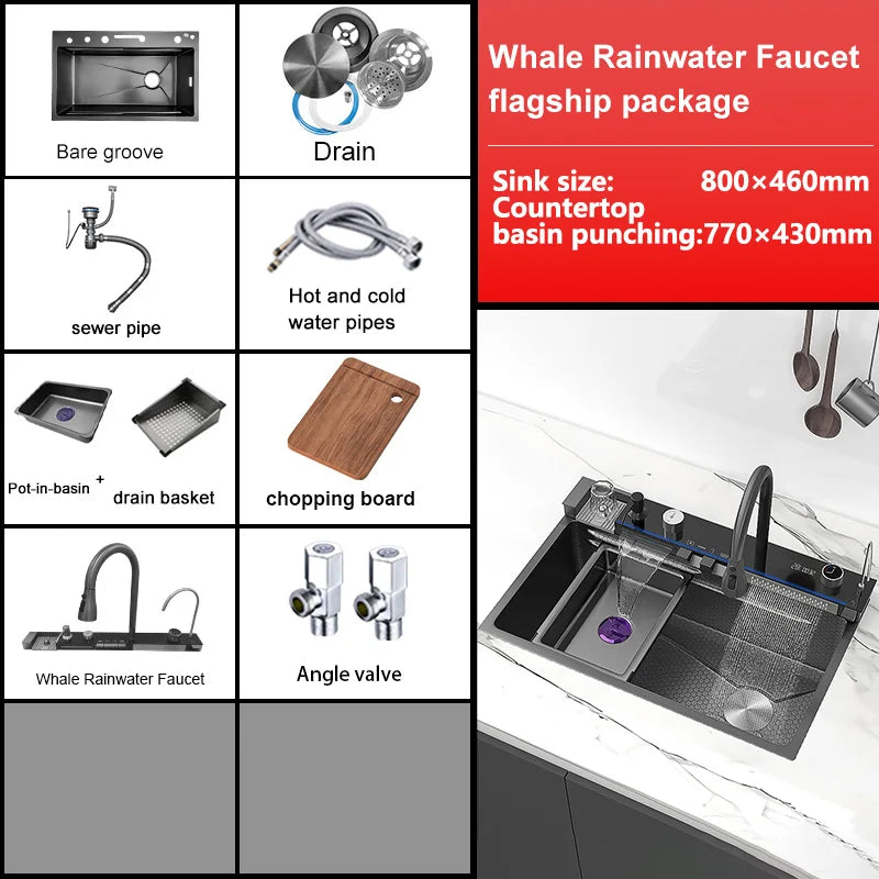 Fregadero de Cocina en Cascada de Acero Inoxidable con Porta Cuchillos y Grifo con Pantalla Digital