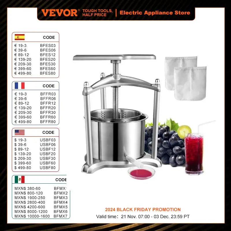 Prensa Manual para Frutas y Vino VEVOR 1.6 Gal/6L - Fabricante de Jugo de Frutas y Vino, Máquina para Hacer Jugo de Vegetales para Cocina en Casa