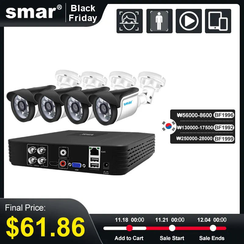 Sistema de Cámaras de Seguridad Smar 4CH 5M-N HD DVR Kit | Conjunto de Videovigilancia para Hogar o Negocio