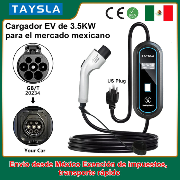 Cargador Eléctrico TAYSLA 16A 3.5kW GBT con Cable de 3.5M